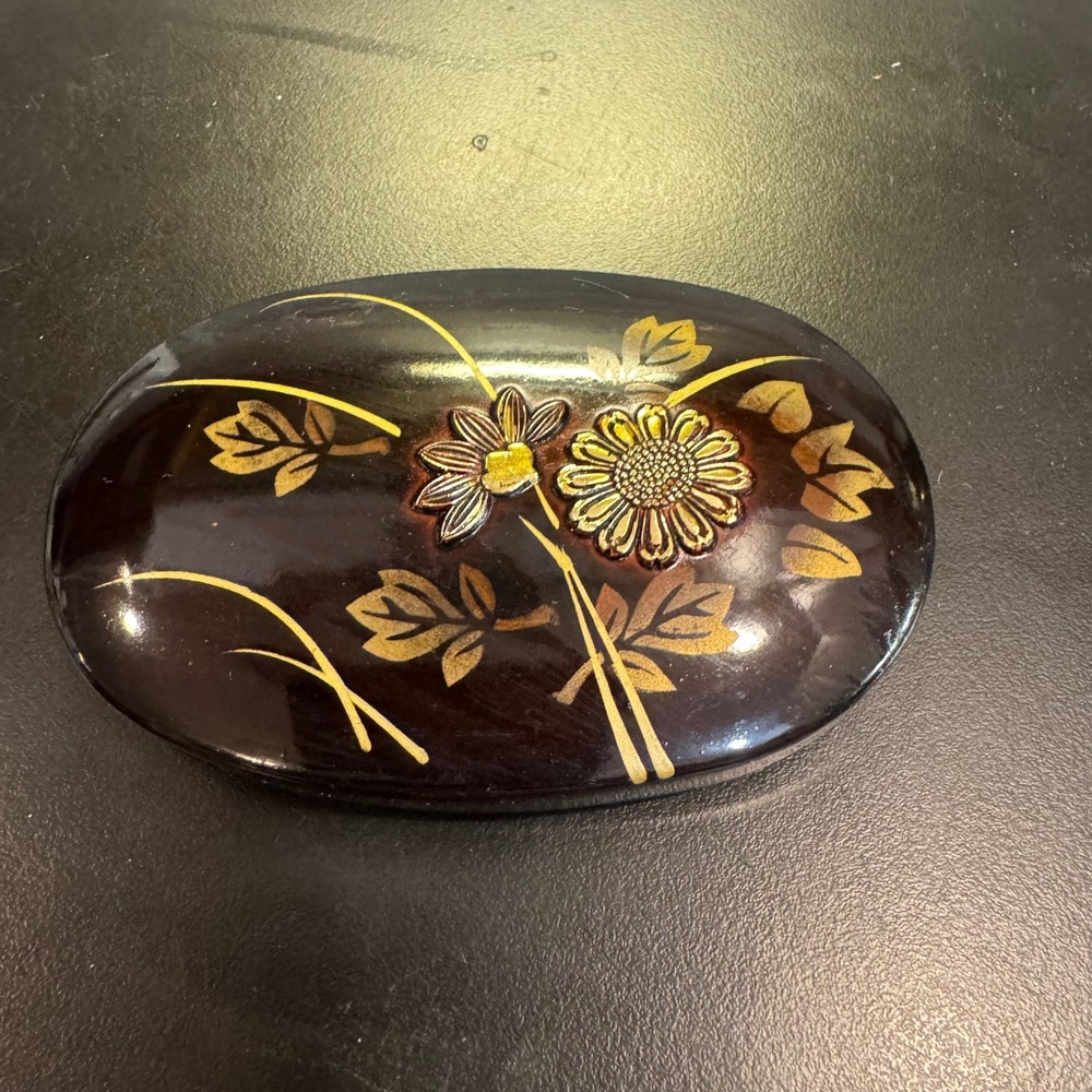 Japanese Lacquer Trinket Box Small Brown Orange Floral Hand Painted 4in